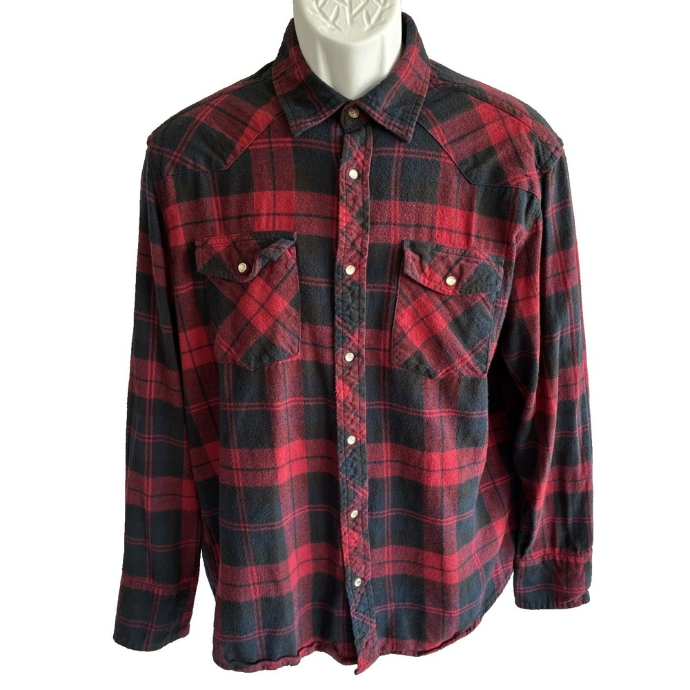 Men's Med Shirt Cactus Workwear Flannel Western Red Plaid Pearl Snap Long Sleeve